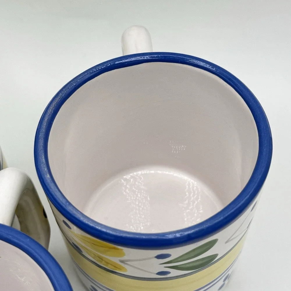 Pier 1 Solimar Mug Set 3 Hand Painted Tunisia‎ Blue Yellow Mediterranean Floral